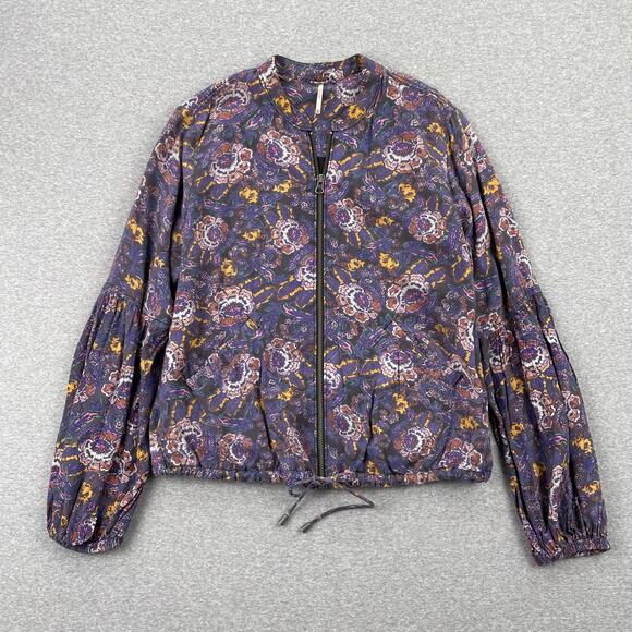 Free People Jackets & Blazers - Free People Soft Printed Balloon Sleeve Jacket Size XS Purple Floral Boho Zip-Up
